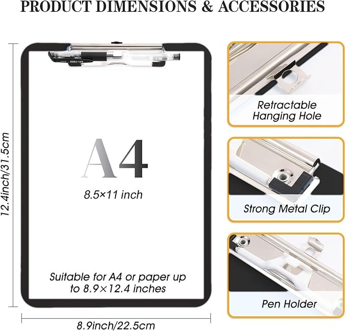 TFDLCG zm Clipboard with Pen Holder,Nursing Clipboard A4 Standard Letter Size,Plastic Clip Boards 8.5x11 Heavy Duty,Hanging Clipboards for Women Kids Students School Office Home,Black