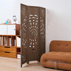 66.9Inch Wooden Room Partition - 3 Panels Boho-Styled Space Room Divider for Home/Office, Headboard & Yoga/Photo/Video Call Backdrop (Brown)