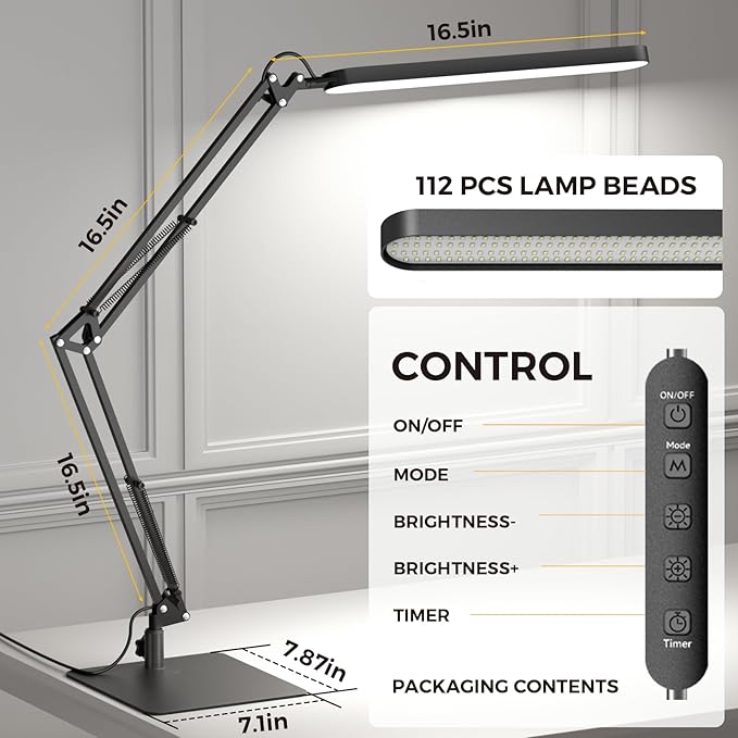 SKYLEO LED Desk Lamp with Slim Base - Adjustable Swing Arm Desk Light, Dimmable, Timer, Eye Protection, Memory Function, 1300LM, 12W, Black