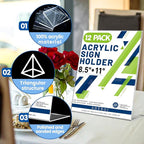Aheroi 12 PCS Acrylic Sign Display Stands - 8.5 x 11, Clear Plastic Sign Holders for Paper Displays, Home Office Supplies
