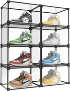 KOKOIN Magnetic Side Open Transparent Plastic Storage Shoe Box Clear Shoe Display Case Sneaker Shoe Storage Box Display Box Shoe Container Clear Closet Shelf Shoe Organizer (Black 8PC)
