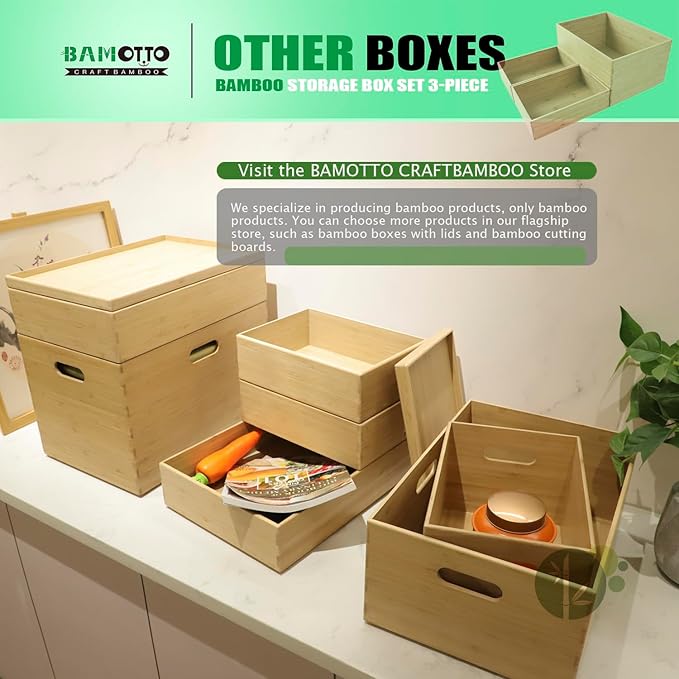 3-Piece Large Bamboo Storage Box Set, 7.1 in High Stackable Deep-Drawer Organizer for Kitchen Cutlery, Utensils & Knives, Exquisite and Durable Lidless Wooden Bin (14.6"x10.2x7.1"*1+10.2"x7.3"x3"*2)