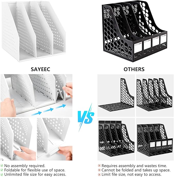SAYEEC 2Pcs Collapsible Plastic Magazine File Holder Vertical Binder Storage Organizer for Desk Sturdy Upright Desktop Magazine Organizer Folder Rack for Office School Home (3 Compartments, Gray)