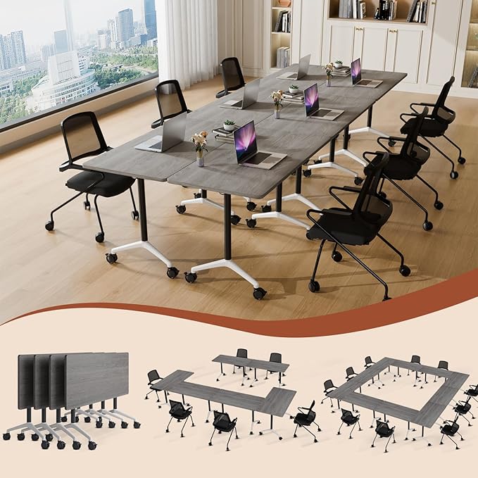 Folding Conference Table 4ft 5ft, Foldable Office Meeting Desk for 6 People, Multiple Sizes Colors Mobile Conference Room Table for Training Room School Business Furniture (2, Grey, 71in)
