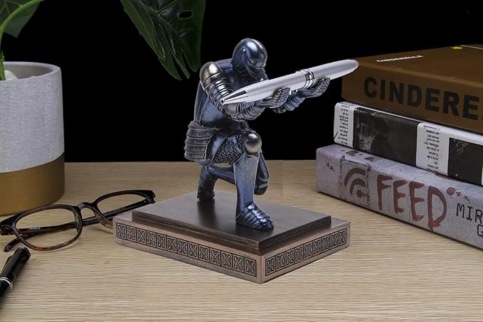 Amoysanli Knight Pen Holder Desk Organizers and Accessories Desk Decor Resin Pen Holder as Gift with a Cool Pen for Office and Home (Blue)
