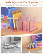 COWVTUJ Adjustable Rose File Organizer for Desk, Vertical File Folder Holders for Magazines, Upright Desktop Binder Organizer, Clear Paper Bookshelf Divider File Sorter for School Office Supplies