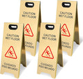 Kerty 4 Pack Stainless Steel Wet Floor Sign, 24 Inch Caution Wet Floor Sign Portable Foldable Bilingual Safety Warning for Hotel Market Restroom Restaurant Office (Gold)
