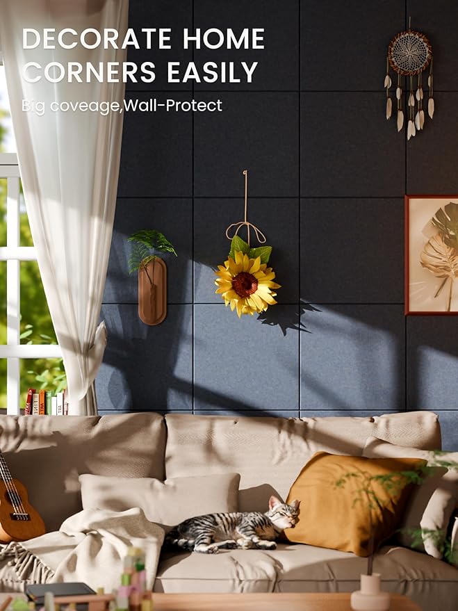 Bumusty Large Cork Board 47"x35" Alternative - 12 Pack Felt Wall Tiles with 70 Safe Removable Adhesive Tabs, 30 Pushpins, Cork Boards for Walls Pin Board Bulletin Board (Deep Charcoal Blue)