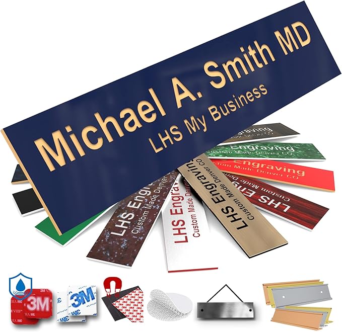 Engraved Custom Door Plate Navy Blue Plastic Office Door Sign with Gold Letters - Made in USA 2x6 B10