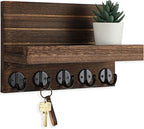 Lwenki Key Holder for Wall, Decorative Key and Mail Holder with Shelf Has Large Key Hooks for Bags, Coats – Paulownia Wood Key Hanger with Mounting Hardware (9.8”W x 6.7”H x 4.2”D) (Brown)