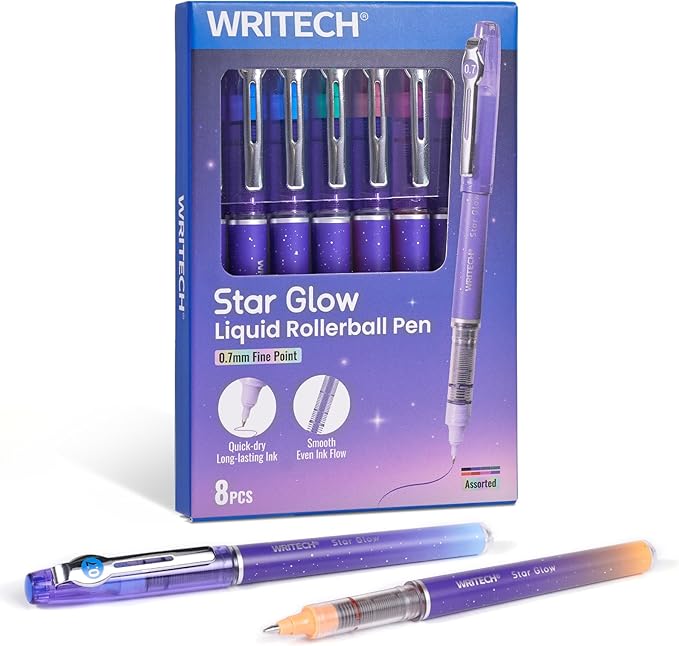 WRITECH Liquid Ink Rollerball Pens: 8ct Assorted Colors Fine Point Tip 0.7mm Roller Ball Rolling Pen for Smooth Writing Coloring Drawing Journaling No Bleed & Smear &Smudge Multi Colored