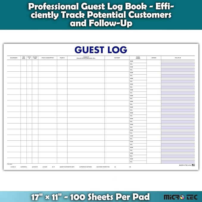 Guest Log Book for Automotive Dealerships – Customer Sign-in Tracking Log – 17" × 11" Visitor Registration Book – 100-Sheet Pad for Auto Service Centers, Repair Shops, Lead Management - 3 Pad