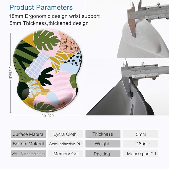 ITNRSIIET Ergonomic Mouse Pad with Gel Wrist Support Small Wrist Rest Smooth Surface Non-Slip PU Base Comfortable Office Supplies Pain Relief, 8.7 x 7.2 inches, Abstract Leaves