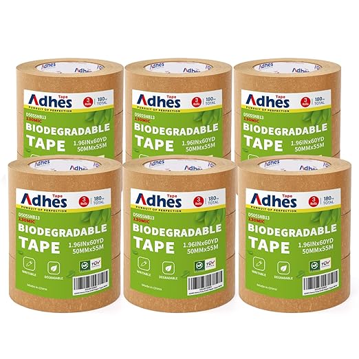 ADHES Kraft Paper Tape, 2 Inch x 60 Yards x 18 Rolls, Biodegradable Paper Packing Tape Writable & Uncoated Brown Shipping Tape for Shipping, Moving, Sealing