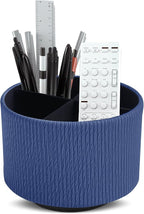 Hennaja Round Leather Art Supply Organizer,Remote Control Holder,360 Degree Spinning,Multi-Functional Pencil Holder,4 Compartments Desktop Stationary Organizer(1-Vertical Wood Blue)