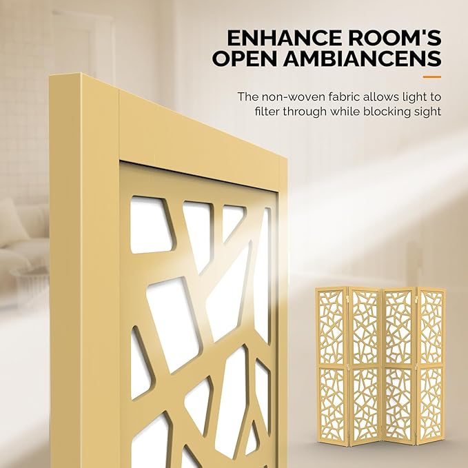 VINGLI 70'' H Room Divider, Non-Woven Fabric Privacy Screen, Indoor Partition Wall Dividers, Freestanding Hinged Space Separator with Modern Unique Pattern (Gold, 4 Panel)