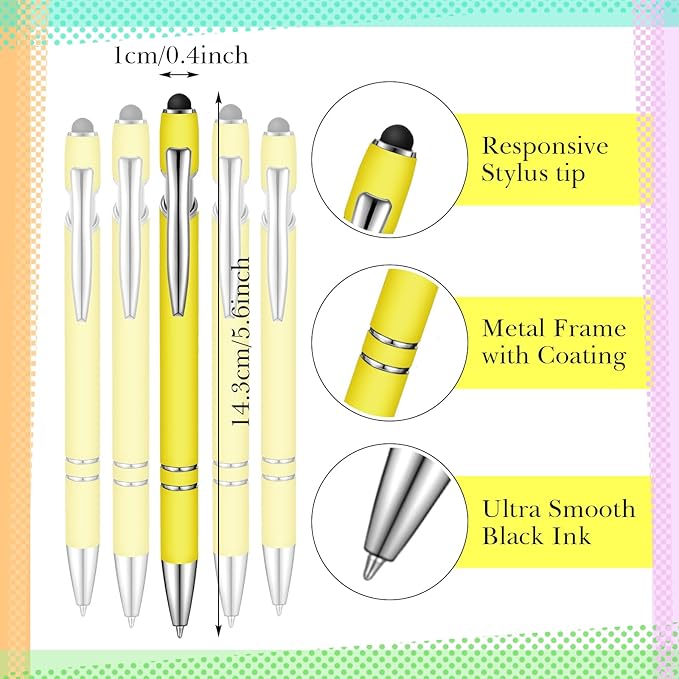 Zonon 38 Pieces Rubberized Ballpoint Pen with Stylus Tip Stylish Metal Pen Capacitive Styli with Soft Rubberized Grip, Black Ink for Most Devices(Yellow)