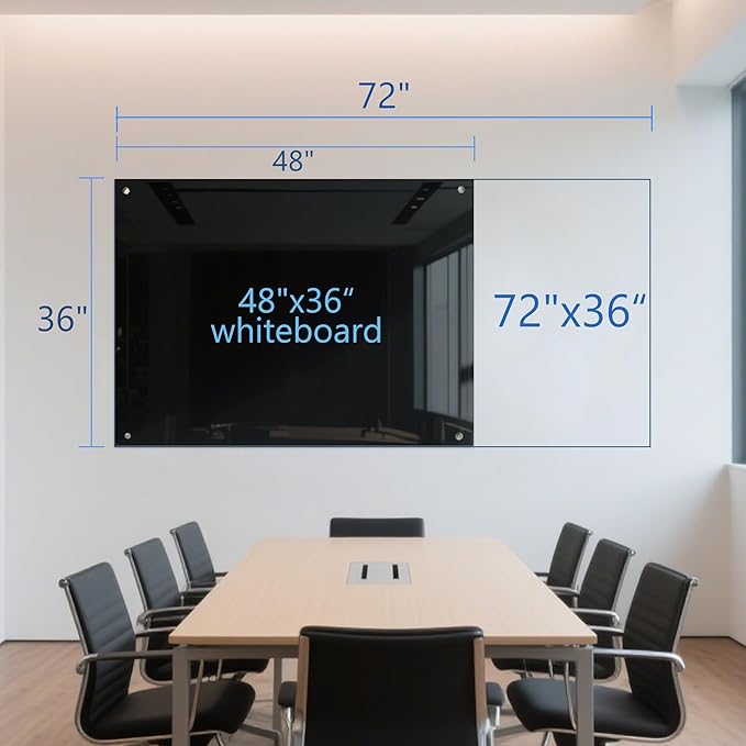 KIZZBY Black Glass Dry Erase Board - Magnetic Blackboard for Wall, 72"x36" Large Frameless Black Whiteboard for Office, Home & School