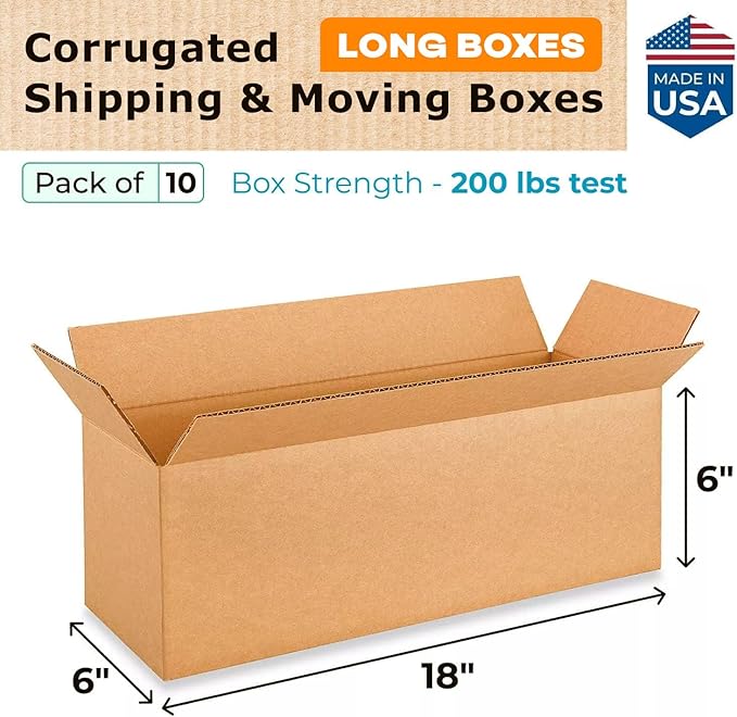 IDL Packaging - B-1866-10 Long Corrugated Shipping Boxes 18"L x 6”W x 6"H (Pack of 10) - Excellent Choice of Strong Packing Boxes for USPS, UPS, FedEx Shipping