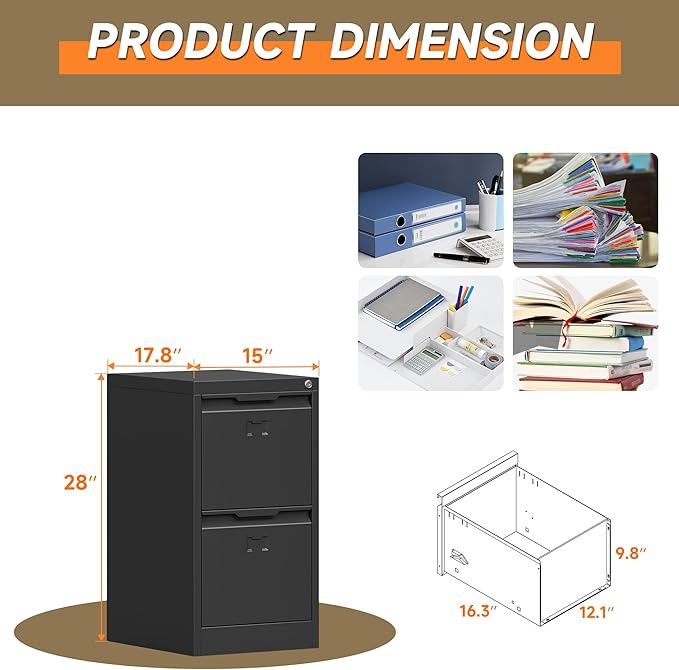 2 Drawer File Cabinet, Metal Vertical File Cabinets with Lock for Home Office, Locking File Cabinet Hanging Files for A4/ Legal/Letter, Assembly Required (Black, 2 Drawer - 15" W)