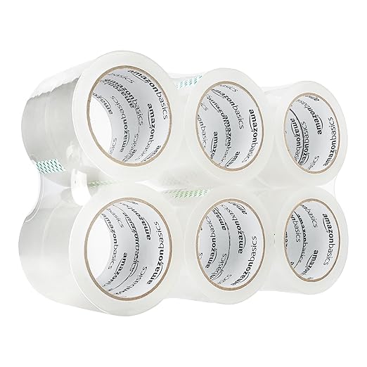 Amazon Basics Strong Plastic Adhesive Packaging Tape for Shipping, Moving and Storage, Clear, Low Odor, 1.88 in x 54.6 yds, 12-Pack