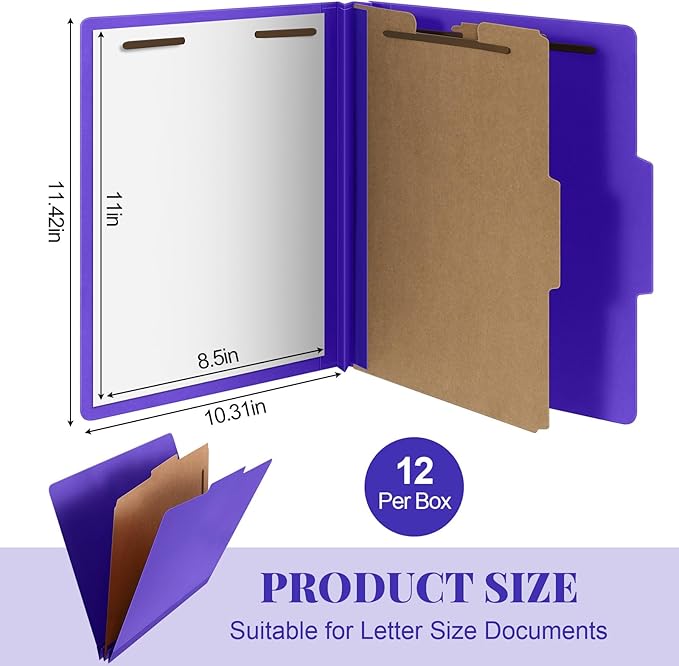 Skyygemm 12 Pcs Classification Folders Letter Size, 1 Divider Pressboard File Folder with Fasteners, Expanding File Organizer Bulk for School Teachers, Office Employee, Coworker, Staff (Purple)