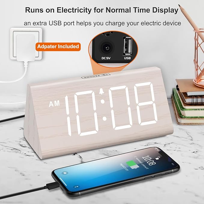 DreamSky Wooden Digital Alarm Clock for Bedroom - Living Room Desk Clock with Large Numbers, Bedside Nightstand Clock with USB Port, Adjustable Volume, Dimmer, DST, Office Wood Décor, Adapter Powered
