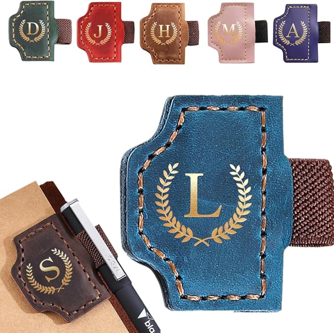 Personalized Mark Bookmark with Pen Holder, Leather Magnetic Book Marker 26 Letters,Custom Initials Page Marks, Gifts for Book Lovers Readers Men Women (Blue, L)