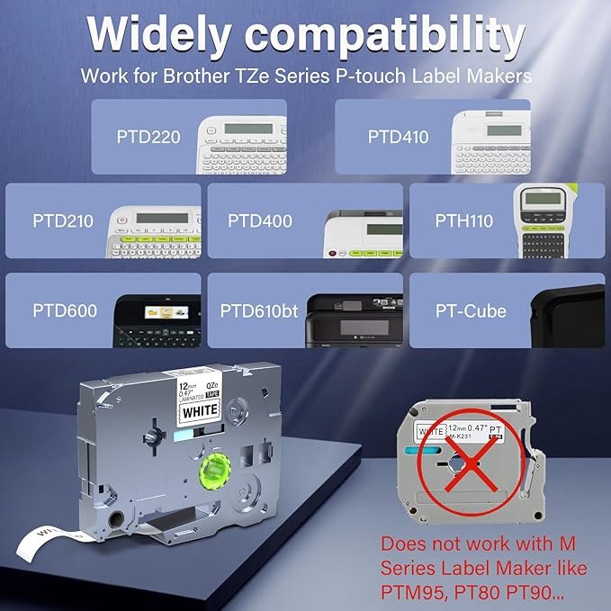 5Pack TZe-231 Tape Label Maker Compatible with Brother P-Touch TZe-231 Tape, TZE231 ½” 0.47”x 26.2 ft Laminated Black on White, for use with PT-D210, PT-H110, PT-D220, PT-D410, PT-D600