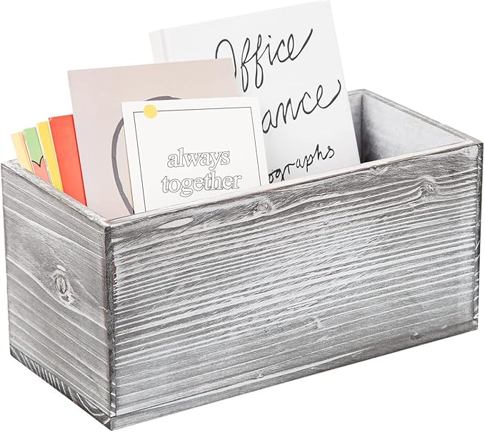 ExoLiry Rustic Gray Wood Mail Box Storage Holder File Organizer Tabletop Wooden Basket Letter Script Design Envelope Folder Decorative Container Desktop Home Office Entryway Bedroom Living Room