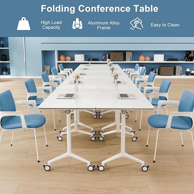8pack Folding Conference Room Table, Modern Conference Tables with Silent Wheels, Large Rectangular Mobile Training Tables for Office Classroom, Foldable Modular Seminar Table White (L70.9in)