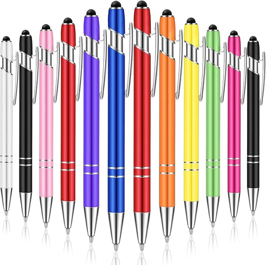 Tenare 12 Pieces 2 in 1 Stylus Metal Ballpoint Pen with Stylus Tip, 1.0 mm Black Ink Ballpoint Pen for Touch Screens(Assorted Color)
