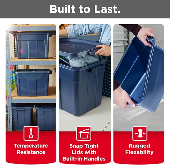 Rubbermaid Roughneck Tote Variety - |Made in the USA| Dark Indigo Metallic, Rugged Plastic Stackable Storage Tote with Lid and Handles (Pack of 10)