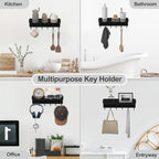 Lwenki Key Holder for Wall – Decorative Stainless Steel Key Hanger with 6 Hooks for Hats, Bags, Leashes – Mail Holder Key Rack with Mounting Hardware and Guide (9.65” x 2.8” x 2.2”) (Black)