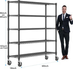 Homdox 5 Tier Heavy Duty Metal Wire Shelving with Wheels, 3000 lbs Capacity Garage Storage Rack, Rolling Industrial Storage, Adjustable Commercial Shelves for Kitchen, Warehouse, 18"x60"x82", Black