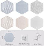 12'' Medium Hexagon Cork-Bulletin Board Tiles Adhesive 10PCS 12x10 inch Frameless Sticky Corkboard Hex Felt Pin Board for Office-Wall Decor, Removable Hexagonal Tack Pinboard with 30 Pushpins