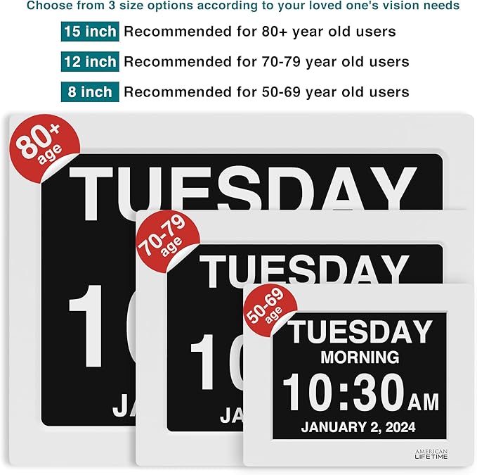 American Lifetime New 2026 Dementia Clock Large for Seniors, Digital Clock Large Display with Custom Alarms, Clock with Day & Date for Elderly, Number Digital Clock 12 Inches White