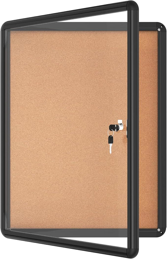 26"x20" Enclosed Bulletin Board, Lockable Weather-Resistant Aluminum Cork Noticeboard for School & Office, Black Frame w/Cork