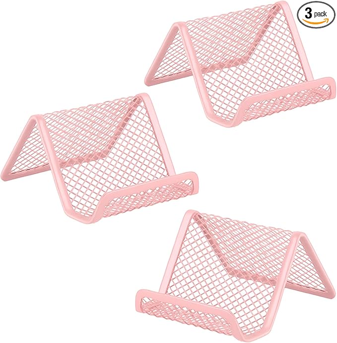 EMOMAS Business Card Holder for Desk, Office Desktop Business Card Display Holder, Mesh Business Card Holder, Desk Accessories for Women and Men, Pink(3 Pack)