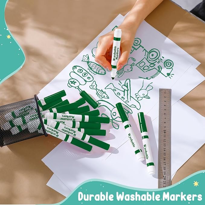 Janlaugh 60 Pcs green Washable Markers Bulk Coloring Broad Line Markers for Kids Conical Tip green drawing pens for Classroom Back to School travel Art baby shower gender reveal Supplies, Ages 6+
