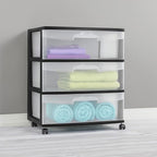 3-Drawer Wide Rolling Storage Cart with Clear Drawers and Wheels, Durable Plastic Storage Organizer for Bedroom, Closet, Dorm and Home Office.
