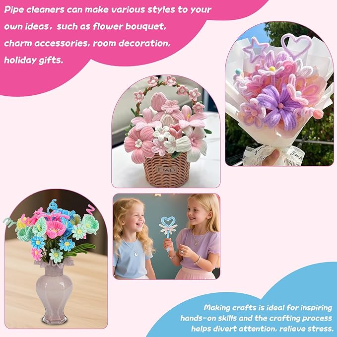 5 Mixed Macaron Colors Chenille Stems Bulk，400 Pcs Pipe Cleaners Craft with Floral Wires, Gardening Tape,Greeting Card,Bouquet Paper,Hot Glue Stick,Stamen & Ribbon，Ideals for DIY School Projects