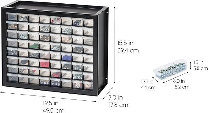 IRIS USA Bead Organizer Drawers, 64-Drawer, Screw Tool Electronics Hardware Nuts and Bolts Plastic Garage Storage Cabinet Bin, Stackable Craft Supply Building Bricks Sorter Teacher Tool Box, Black