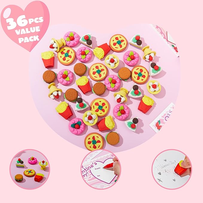 JOYIN 36 PCS Valentines Day Gift Cards with 3D Dessert Erasers for Kid Classroom Cards, Party Favor Toy Card Party Favor, Classroom Prize Supplies, Valentine’s Greeting Cards
