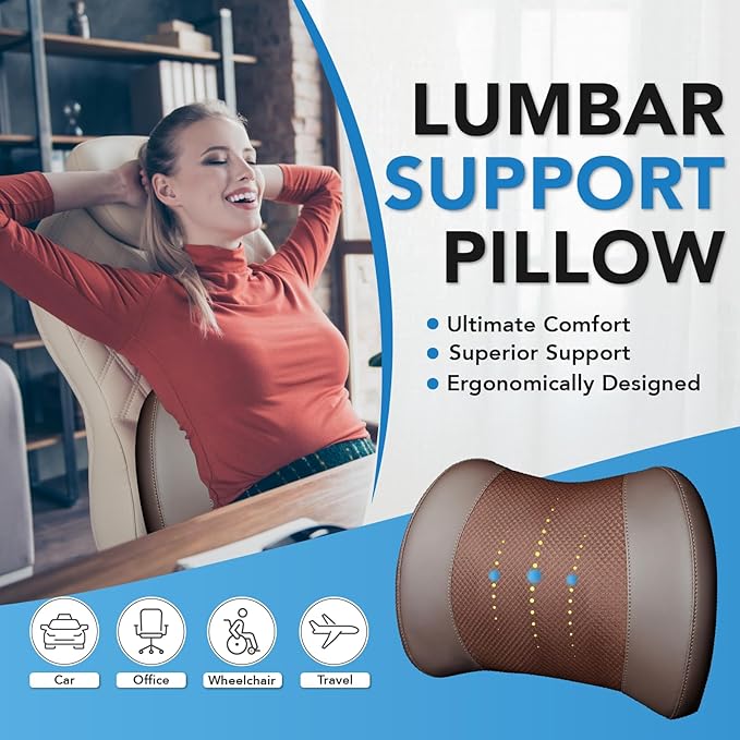 Lofty Aim Lumbar Support Pillow for Car, Memory Foam Lumbar Pillow for Lower Back Pain Relief - Back Cushion for Driving, Chair Support for Car-Office Chair, Wheelchair - Brown