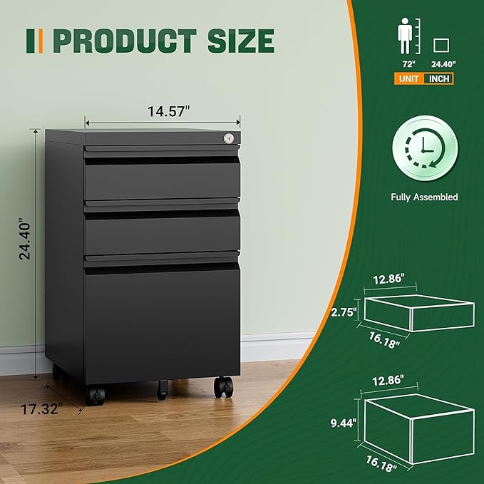 Letaya 3 Drawer Mobile File Cabinet with Lock,Under Desk Metal Filing Cabinets for Home Office Organizer Letters/Legal/A4((Fully Assembled-Black)