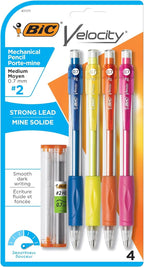 BIC Velocity Mechanical Pencils, With Colorful Barrel, Medium Point (0.7mm), 4-Count Pack Mechanical Pencils With Eraser and Lead Refills