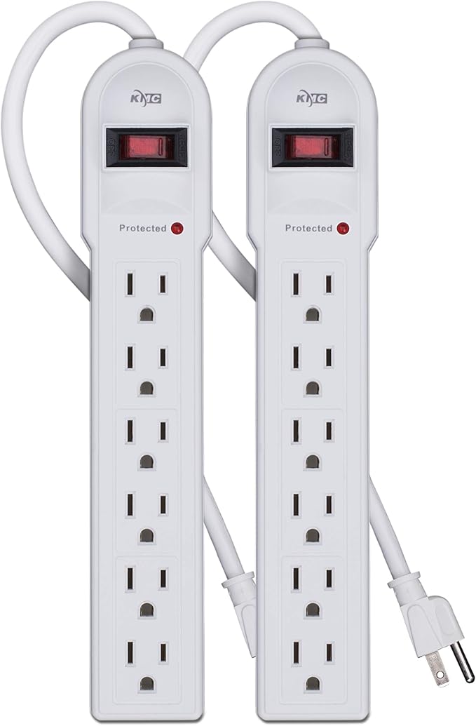 KMC 6-Outlet Surge Protector Power Strip 2-Pack, Overload Protection, 4-Foot Cord, 900 Joule - White