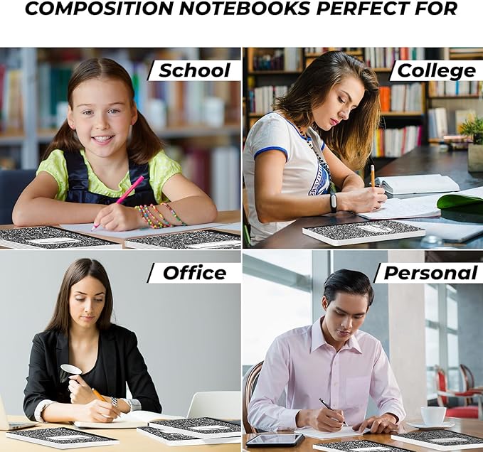 Rosmonde College Ruled Composition Notebooks 5 Pack, 200 Pages (100 Sheets), 9-3/4" x 7-1/2", White & Black Marble Composition Book, Hard Cover, Sturdy Sewn Binding, School, College & Office Supplies