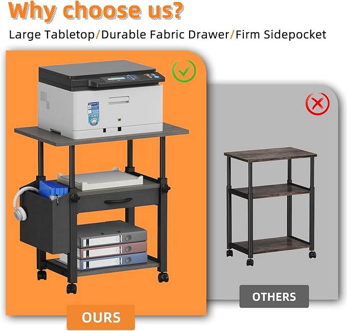 22"x15" Large Printer Stand with Drawer and-side Bag, Adjustable 3-Tier Printer Cart for Home Office, Rolling Printer Stand Fit Heat Press/Laser/3D Printer (Grey)